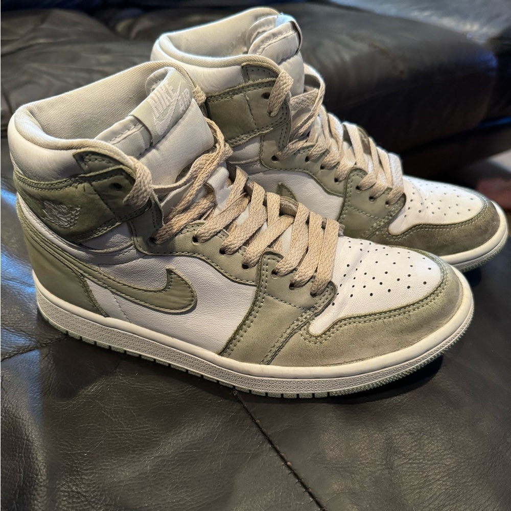 Nike Air Jordan 1 Mid Women's White and Olive Sneakers